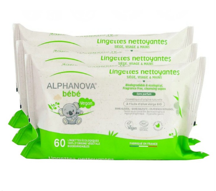 Alphanova Bébé Lingettes Nettoyantes Sans Parfum X60 Lot de 3